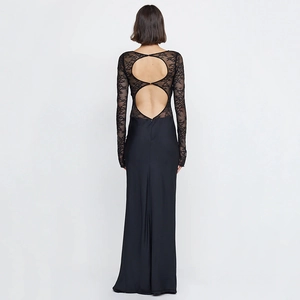 Elegant black lace patchwork backless satin maxi dress with long sleeves for women