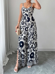 Elegant floral print jumpsuit with waist cutout detail and stylish split leg design