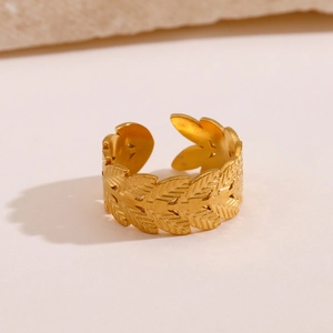 Breiter 18K vergoldeter Blattring mit verstellbarem Edelstahlband für Damen im INS-Stil