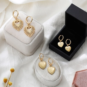 Vintage Stainless Steel 18K Gold Plated Heart Hoop Earrings For Women Pave Rhinestone Sunburst Heart Drop Earrings Jewelry