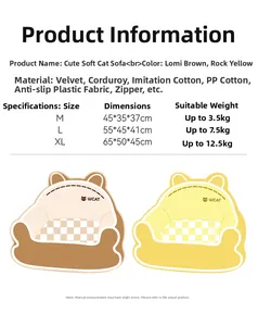 Detailed size chart for the warm corduroy pet sofa showing M, L, and XL dimensions
