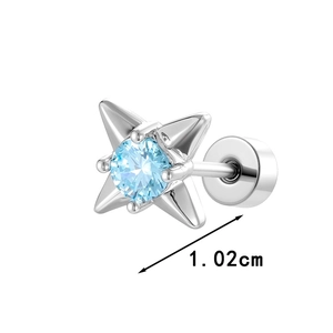 Silver four-pointed star stud earring with light blue gemstone and screw back, 1.02cm size
