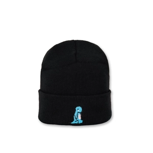 Detailed close-up of knitted winter beanie featuring blue dinosaur embroidery on black fabric