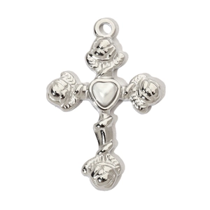 Detailed view of silver titanium steel cross pendant with white heart shell inlay