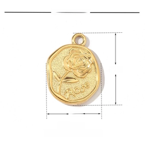 Detailed view of an oval gold rose pendant with dimensions 19mm by 14mm in stainless steel