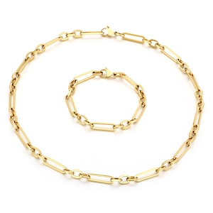 Polished gold titanium steel paperclip chain necklace and bracelet set for men and women