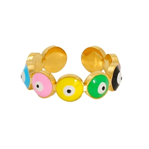 Colorful evil eye open rings in gold finish with vibrant enamel charms for women