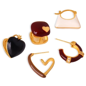 Colorful geometric enamel heart and handbag earrings in 18K gold plated titanium steel