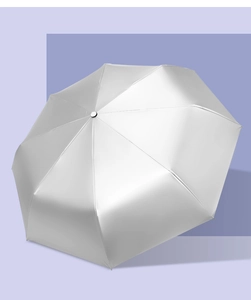 Detailed view of silver sun umbrella with reflective UV coating on geometric purple background