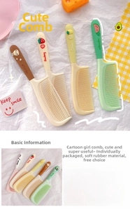 Detail view of 20.5x4.5cm cartoon hairbrushes with strawberry and lemon soft rubber handles