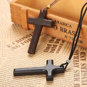 Vintage Handmade Wood And Alloy Cross Pendant Necklace Double Layer Long Adjustable Cord Sweater Chain For Men Women