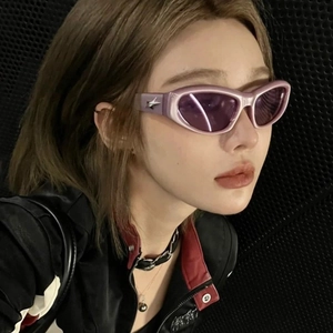 Futuristic Y2K small oval sunglasses with silver star detail and purple iridescent frame
