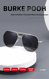 Primer plano de gafas de sol aviador polarizadas con montura plateada y lentes oscuros