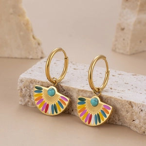 Orecchini bohémien placcati in oro a forma di ventaglio con smalto colorato e turchese