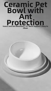 Detail of white ceramic cat bowl with 15-degree tilted neck protection and anti-ant base