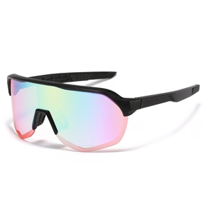 Detail of square frame cycling sunglasses with pink-green gradient mirror lenses