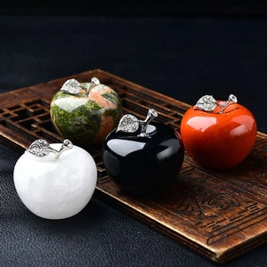 Natural crystal apple ornaments with rhinestone leaves on wooden tray home decor