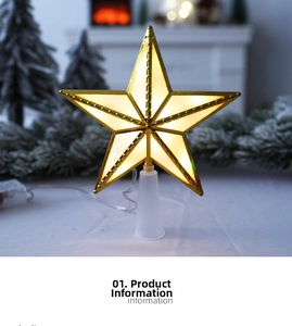 Close-up of lighted golden Christmas star tree topper with warm LED glow and white base