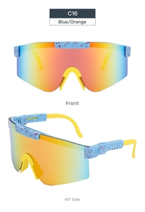 Detail view of model C16 sports cycling sunglasses with blue frame and fire orange lens