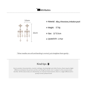 Detailed chart showing cross pearl tassel earrings size 11x3.5cm and 17.8g weight