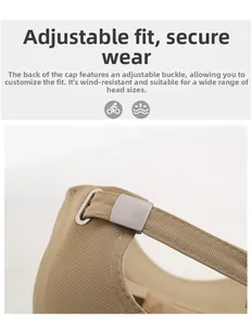 Detailed view of adjustable metal buckle and twill fabric on khaki baseball cap