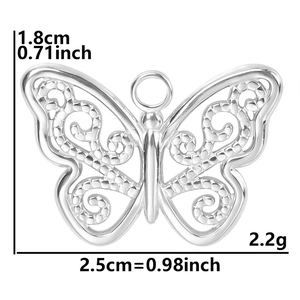 Detail of butterfly pendant dimensions showing height 1.8cm width 2.5cm and 2.2g weight