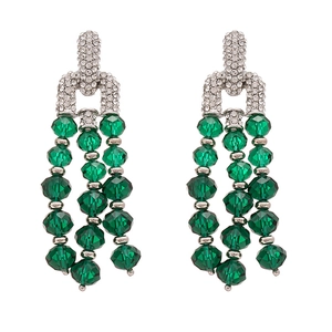 Luxury silver tassel earrings featuring green crystal beads and sparkling rhinestones