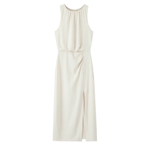 Detail of white sleeveless midi dress featuring side slit and ruched texture fabric