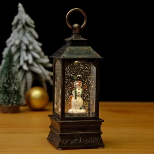 Vintage bronze musical snow globe lantern with snowman and festive LED light decor