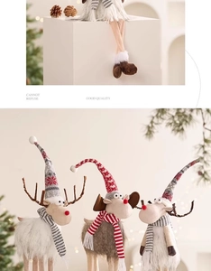 Detail view of plush Christmas reindeer dolls with knit hats and striped scarves decorations