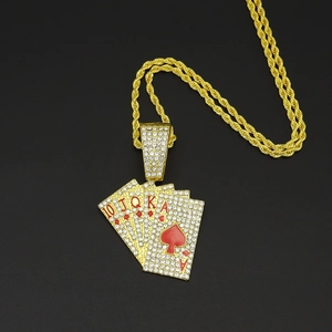 Detail of hip hop gold poker royal flush pendant with shiny rhinestones and twist chain