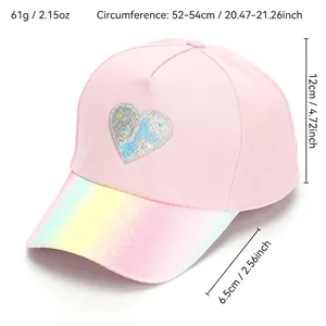 Pink canvas kids baseball cap with heart sequin embroidery and glitter brim