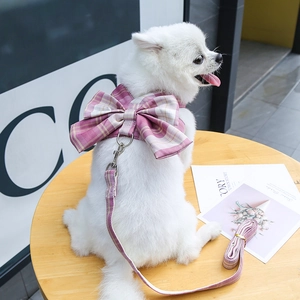 Pink plaid dog harness and leash set with a large bow on a white Pomeranian puppy