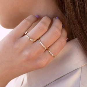 Three-piece minimalist 18k gold plated ring set with rectangular and round white diamonds