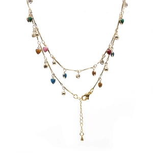 Double layer gold necklace with colorful heart pendants and sparkling rhinestones