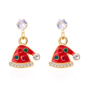 Detail of red enamel Christmas hat stud earrings with sparkling colorful rhinestones