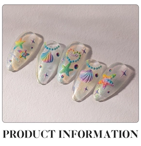 Macro detail of 5D embossed nail stickers featuring gradient starfish and sea shell patterns