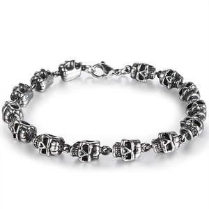 Bracelet tête de mort en argent rétro pour hommes en acier inoxydable avec fermoir mousqueton