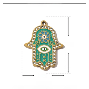 Hamsa Hand pendant size guide with 26mm height and 20mm width in stainless steel