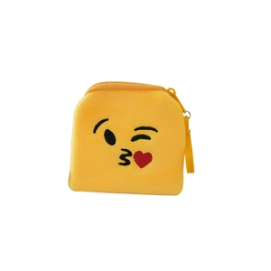 Cute yellow plush coin purse with embroidered kissing heart emoji and zipper closure