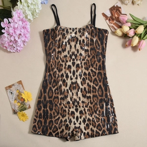 Detailed view of sequined leopard print bodysuit with thin straps on minimal background