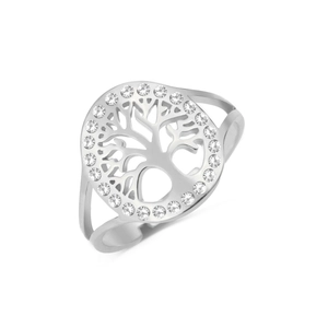 Macro shot of silver Tree of Life ring with sparkling cubic zirconia circular border