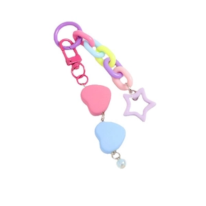Colorful heart and star chain keychain with purple plastic rings and pink carabiner hook