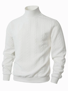 Detailed cable knit pattern on white turtleneck sweater with ribbed cuffs and hem