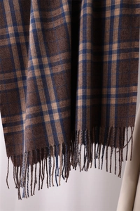 Close-up of soft cashmere-like scarf with brown and blue plaid pattern and fringe detail
