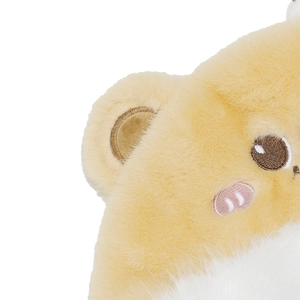 Macro close-up of plush bear hat showing yellow faux fur texture and detailed embroidery