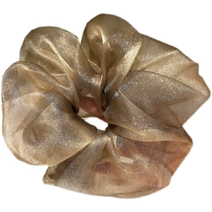 Sparkly champagne gold organza scrunchie with metallic luster for elegant hair styling