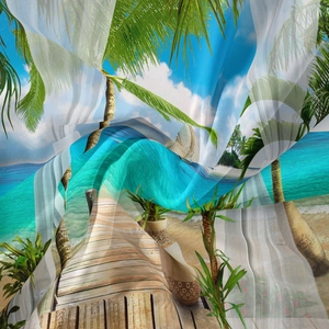 Détail d'une tapisserie murale bohème avec impression de plage tropicale et tissu doux