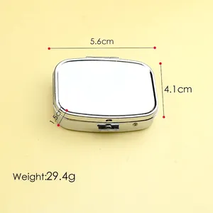 Portable silver metal pill box with 5.6cm x 4.1cm x 1.5cm dimensions and lightweight design