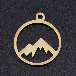 Golden round mountain range charm in stainless steel with hollow silhouette design